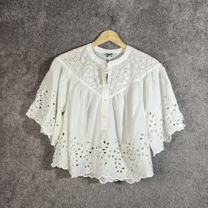 Madewell XXS White Embroidered Button Front Flutter Sleeve Womens Top Blouse